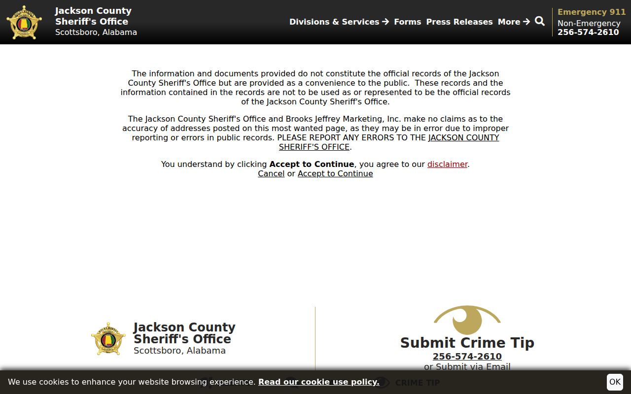 Jackson County arrest records Most Wanted disclaimer source