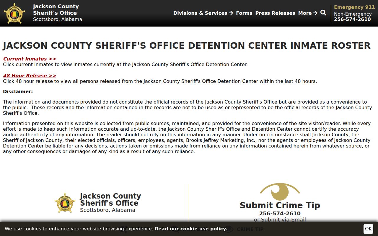 Jackson County inmate records sheriff inmate roster disclaimer